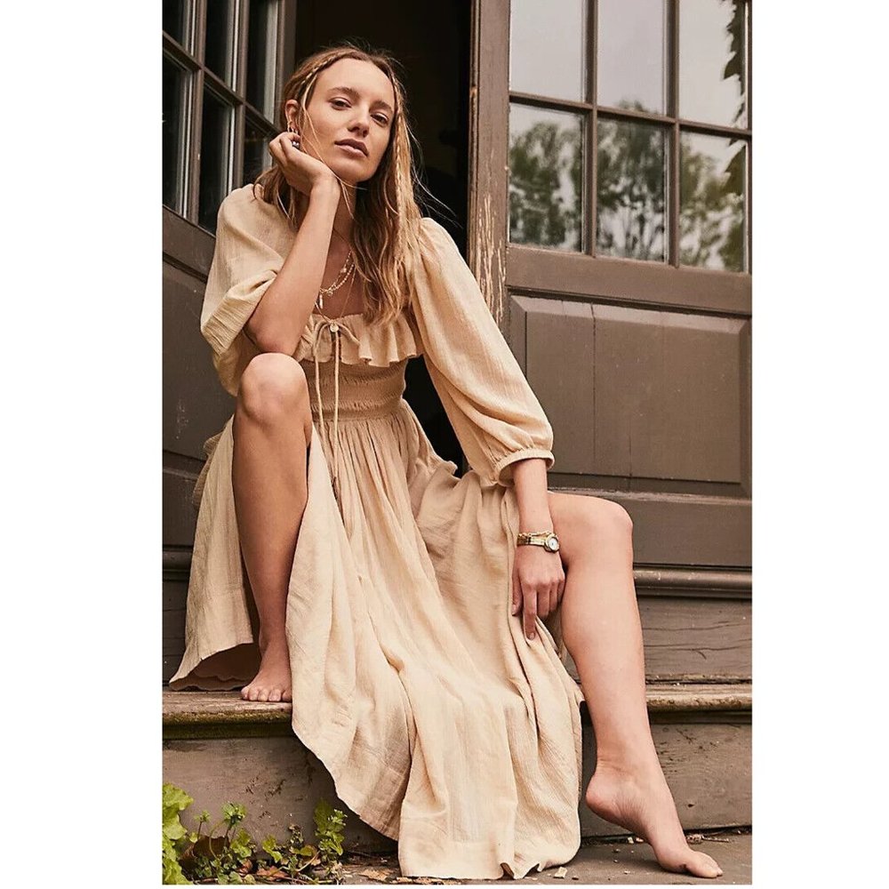 Free People Free-est Oasis Midi Dress Smocked Cotton Ruffle Solid